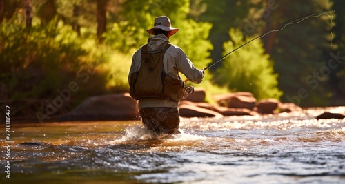 Fisherman with a spinning rod on the background of the river