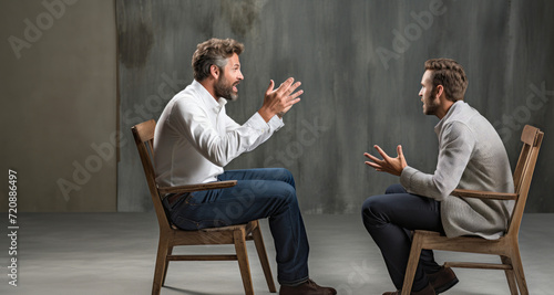 Two men sitting on chairs and talking to each other during psychotherapy session