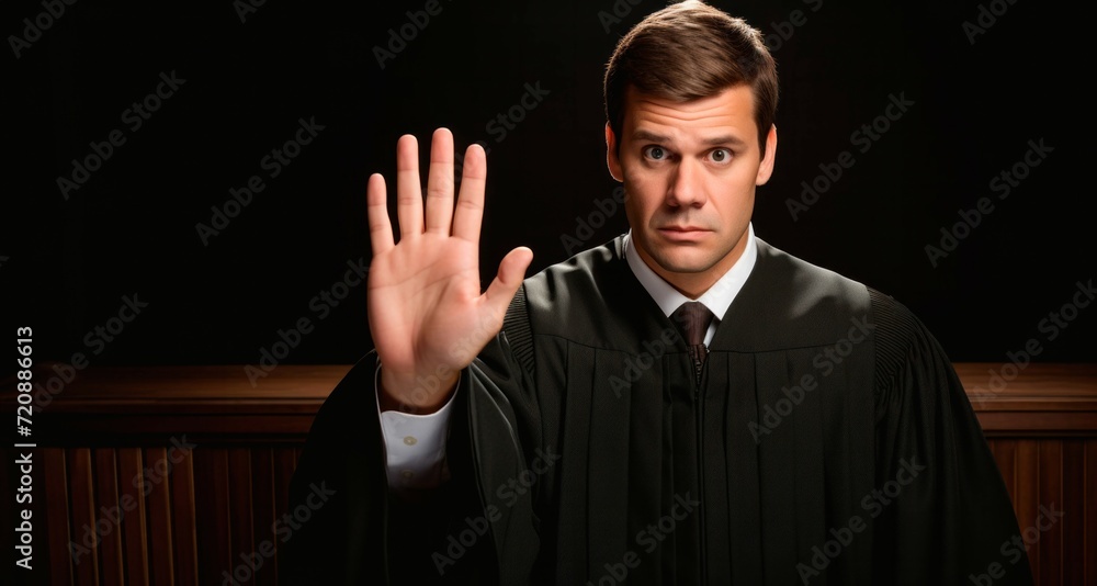 Portrait of young judge making stop gesture with hand on black background
