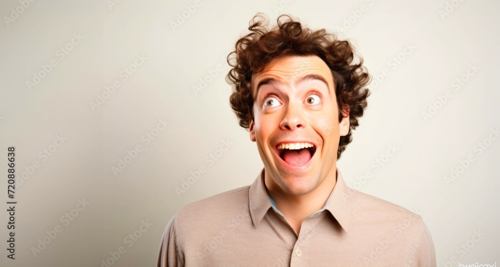 Fototapeta premium Young man with curly hair surprised and shocked while looking right on grey background