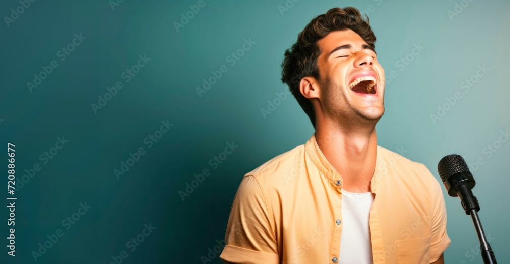 Young handsome man singing in a studio. On a green background. Young handsome man singing in a studio. On a green background.