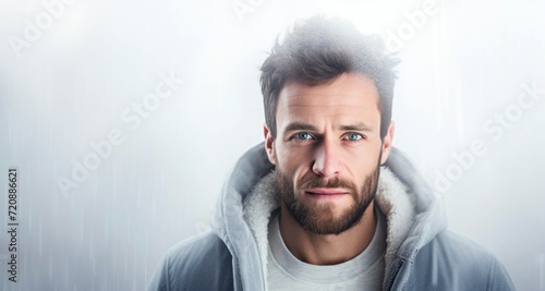 Portrait of a handsome young man with a beard in a gray hoodie.