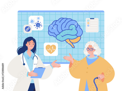 Human brain study flat vector illustration. Neurologist diagnose brain functions and health status of female elderly patient.