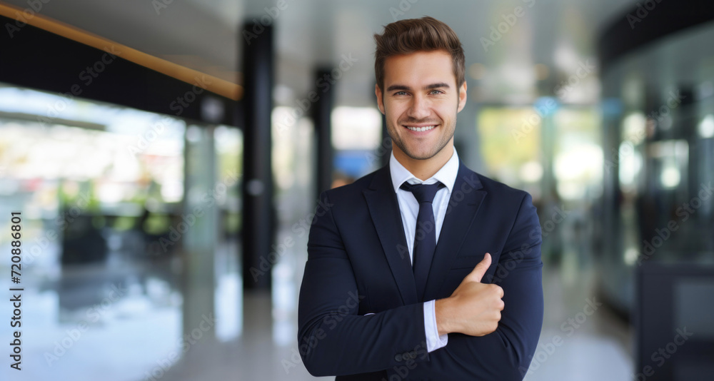 Portrait of smiling businessman showing thumbs up in office lobby, copy space Portrait of smiling businessman showing thumbs up in office lobby, copy space