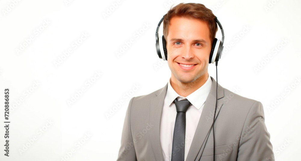 Portrait of a young business man with headphones isolated on white background Portrait of a young business man with headphones isolated on white background