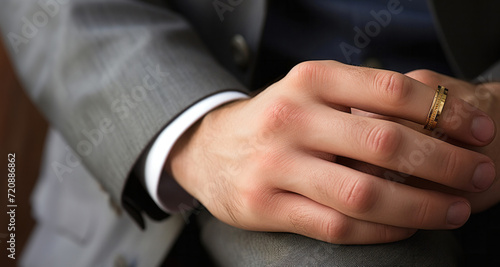 Close up of a businessman's hand holding a gold wedding ring.