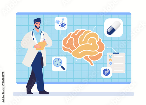 Human brain study flat vector illustration. Examination of brain functions and health status by neurologist.