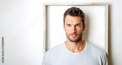 Handsome young man in a white t-shirt on a white background