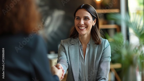 Happy mid aged business woman manager handshaking greeting client in office. Smiling female executive making successful deal with partner shaking hand at work standing at meeting table. photo