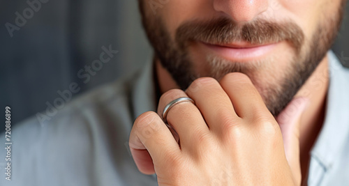 Close-up of a man with a ring on his finger.