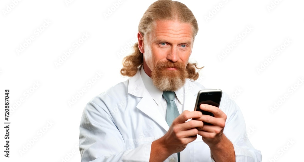Doctor with a beard and mustache using a mobile phone on a white background