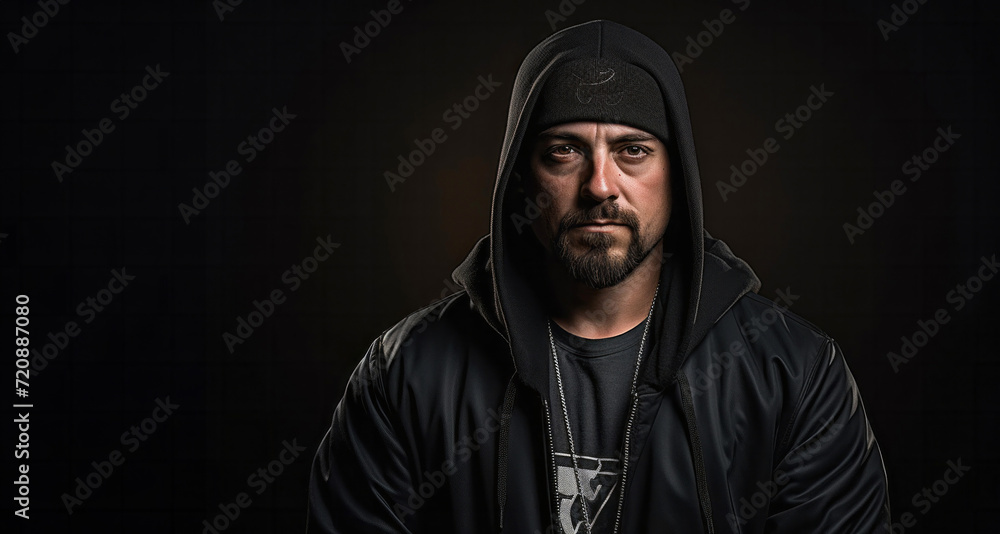 Handsome man with a hood on his head over black background Handsome man with a hood on his head over black background