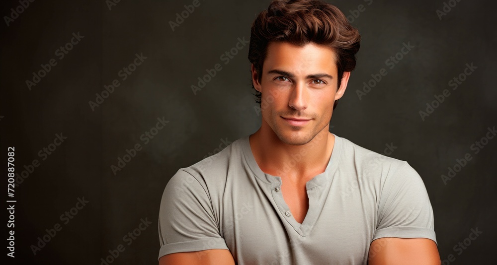 Handsome young man in grey t-shirt on dark background