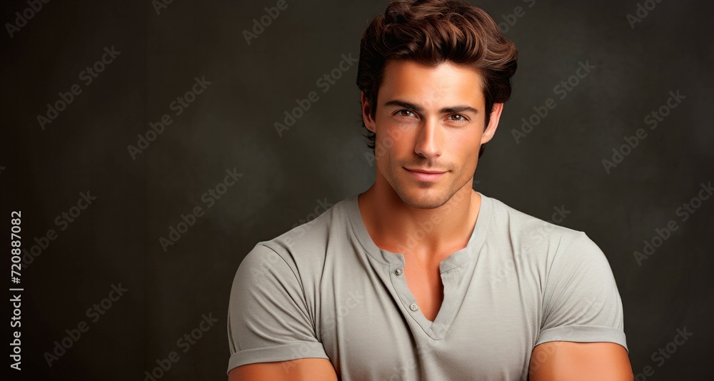 Handsome young man in grey t-shirt on dark background Handsome young man in grey t-shirt on dark background