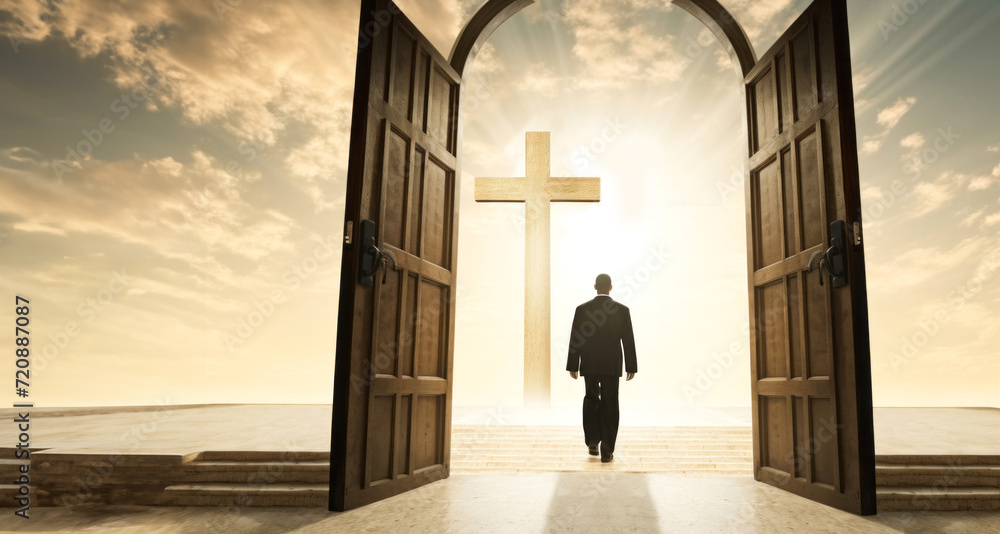 Conceptual 3D business man standing in front of a cross at sunset Conceptual 3D business man standing in front of a cross at sunset