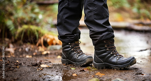 Close up of a man's feet in black boots standing in a puddle