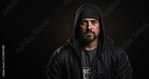 Handsome man with a hood on his head over black background