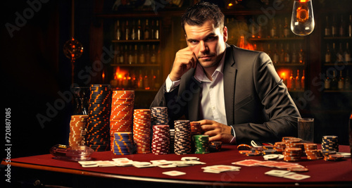 Portrait of a handsome young man playing poker in a casino.