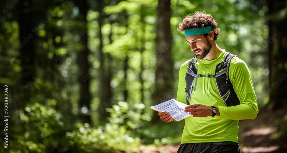 young sporty man jogging in the forest with map and backpack