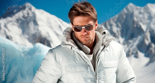 Portrait of a handsome young man in sunglasses against snow covered mountains