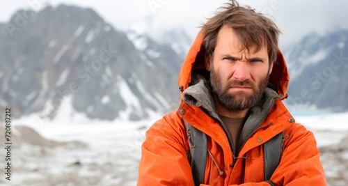 Handsome man with a beard and mustache in an orange jacket on a background of mountains