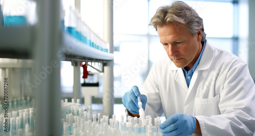 Serious mature male scientist working in a laboratory. Mature male researcher carrying out scientific research in a lab.