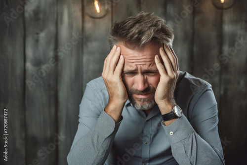 Depressed man with hands on head sitting in front of wooden wall photo