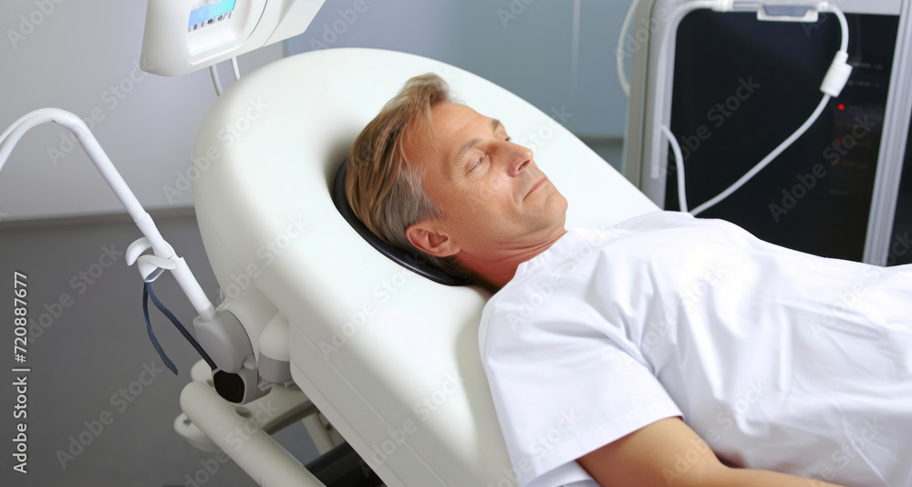 Portrait of a male patient lying at the x-ray machine Portrait of a male patient lying at the x-ray machine