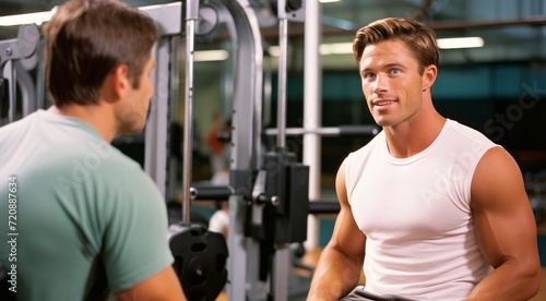 young man training in gym with personal trainer, focus on young man