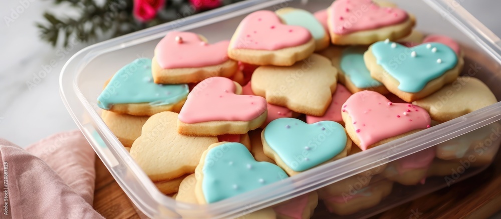 Storing heart-shaped sugar cookies in a big plastic container with royal icing. Storing heart-shaped sugar cookies in a big plastic container with royal icing.