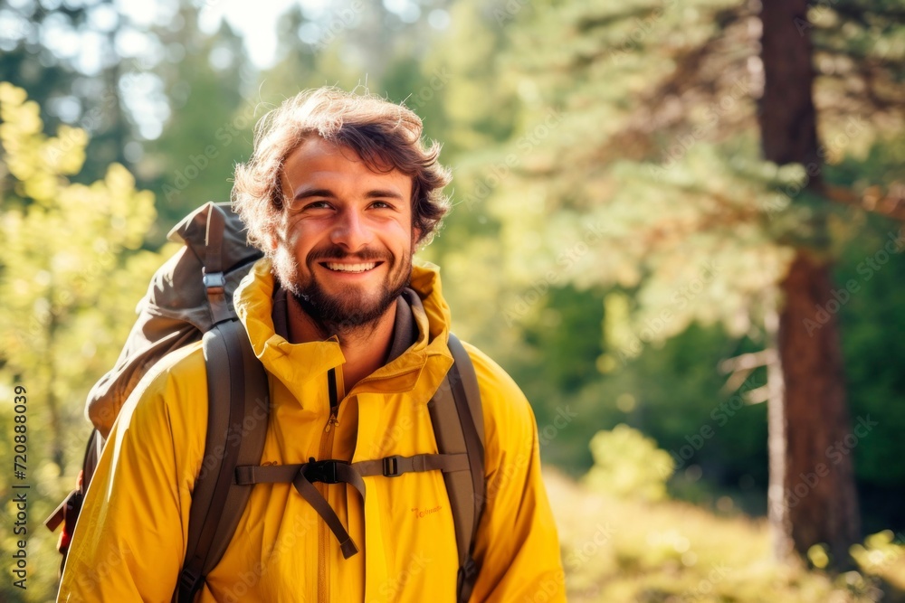 Portrait of a young man with a backpack in the forest. Portrait of a young man with a backpack in the forest.