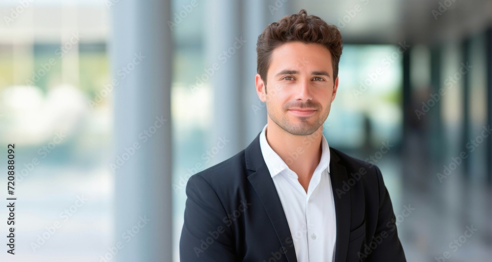 Handsome businessman in suit smiling at camera while standing in office Handsome businessman in suit smiling at camera while standing in office