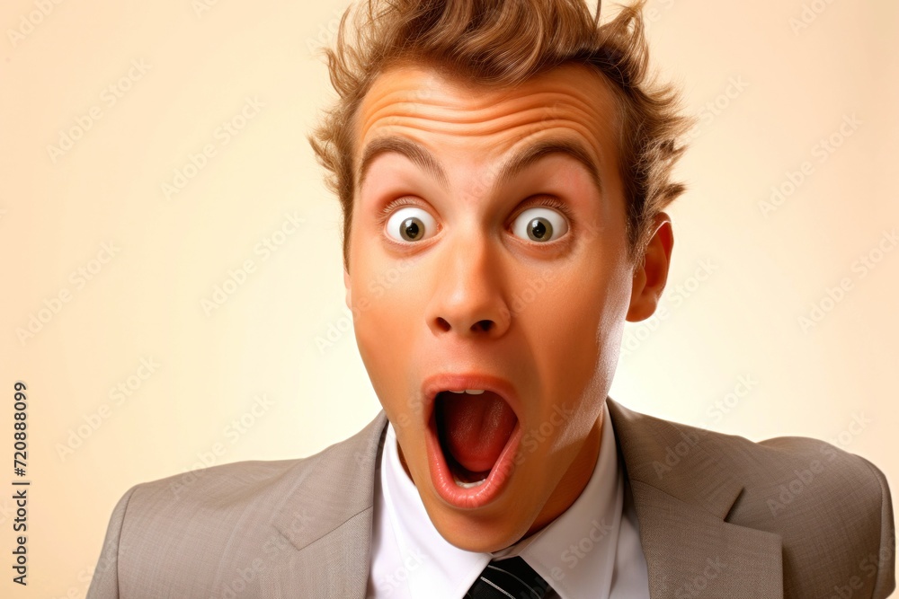 Surprised young businessman with open mouth on beige background. Surprised young businessman with open mouth on beige background.