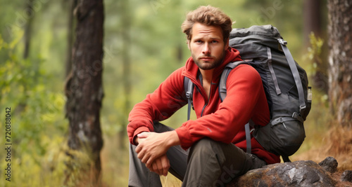 Handsome man with backpack sitting on a rock in the forest © YannTouvay