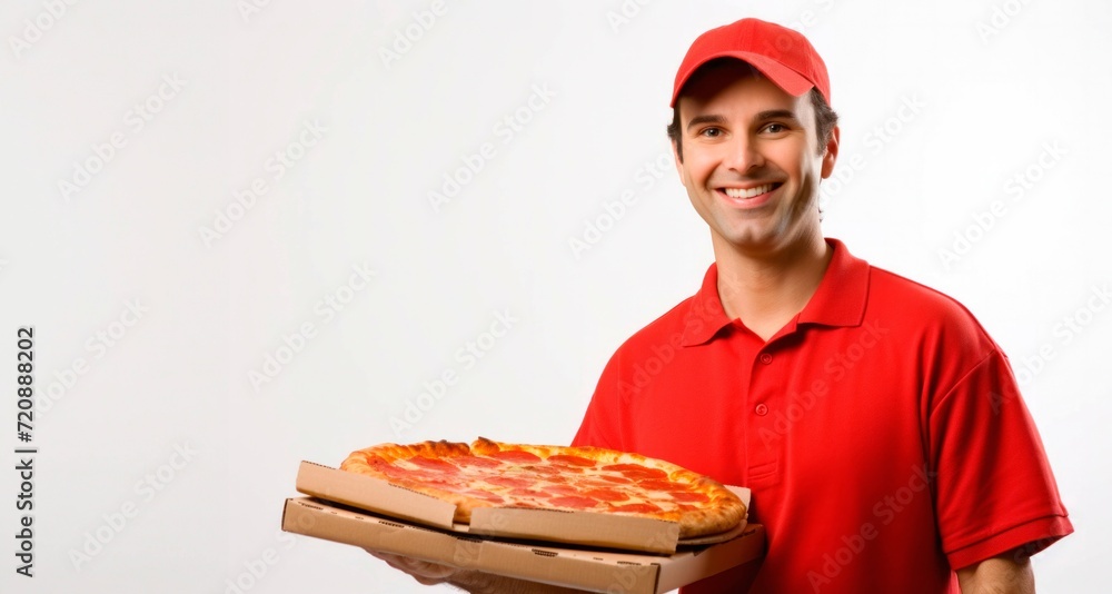 Smiling delivery man holding pizza box isolated on a white background. Smiling delivery man holding pizza box isolated on a white background.