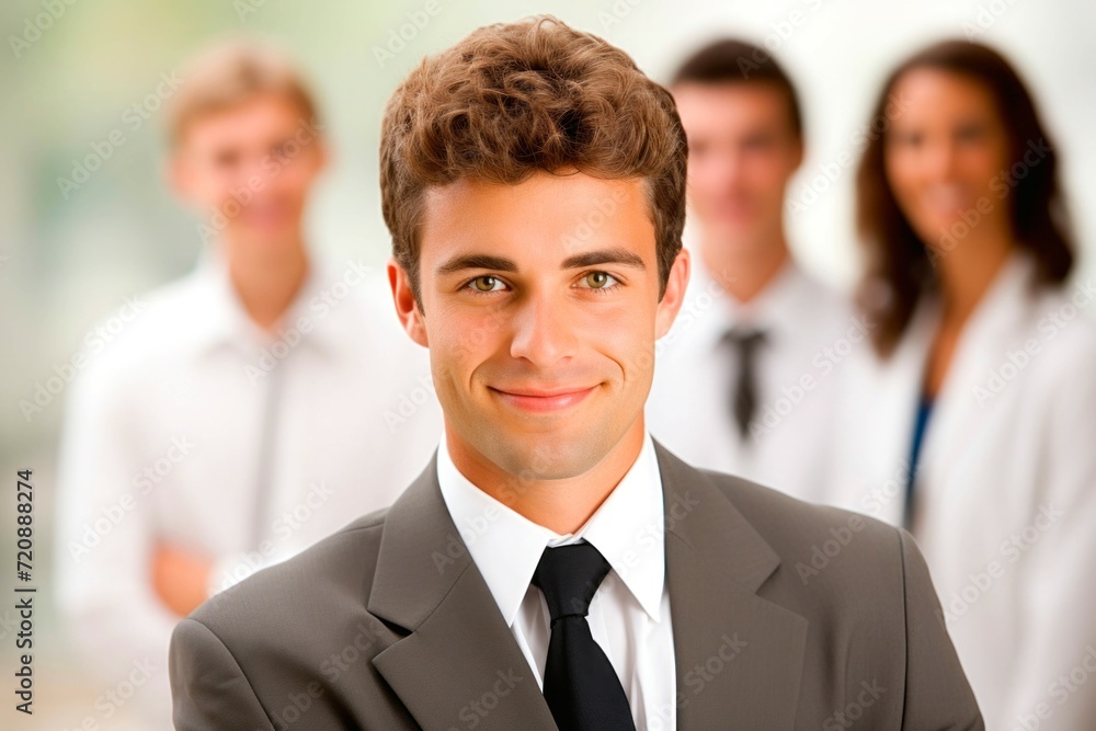 Portrait of a smiling young businessman with his colleagues in the background Portrait of a smiling young businessman with his colleagues in the background