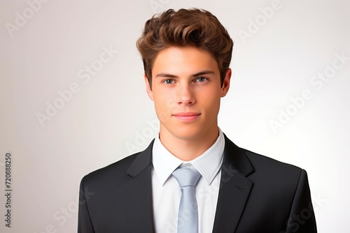 Portrait of a handsome young man in black suit on white background