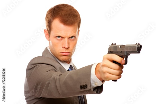 Serious young businessman aiming a gun at the camera isolated on white background