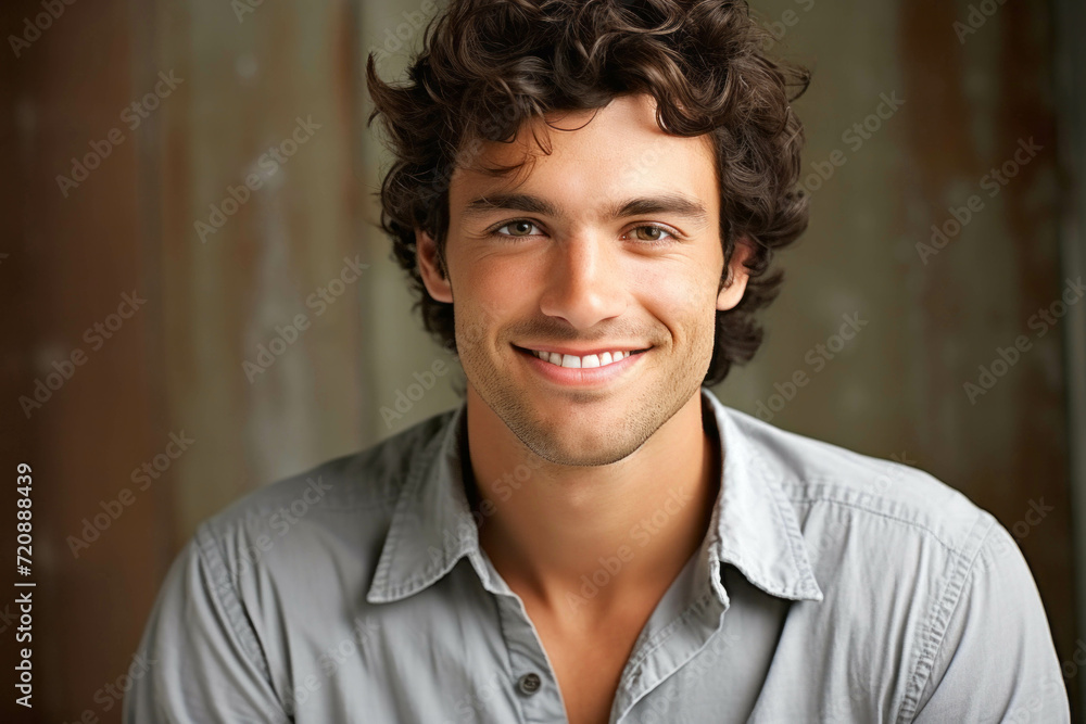 Obraz premium Portrait of a handsome young man with curly hair smiling at the camera