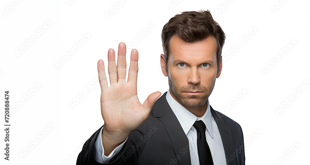 Serious businessman gesturing with hand against white background with vignette Serious businessman gesturing with hand against white background with vignette