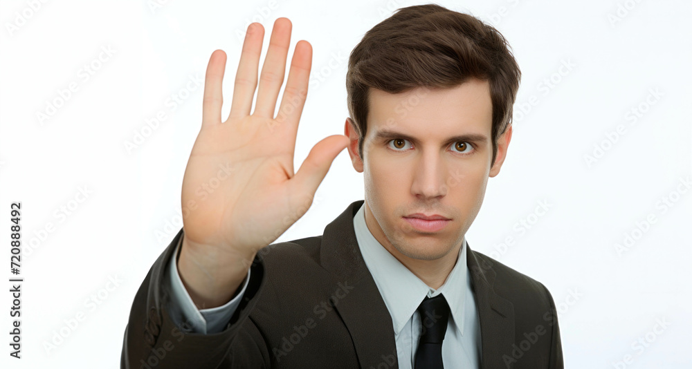 Young businessman showing stop gesture with his hand, isolated on white background Young businessman showing stop gesture with his hand, isolated on white background