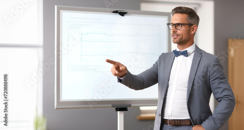 Handsome young man in suit and eyeglasses pointing at whiteboard