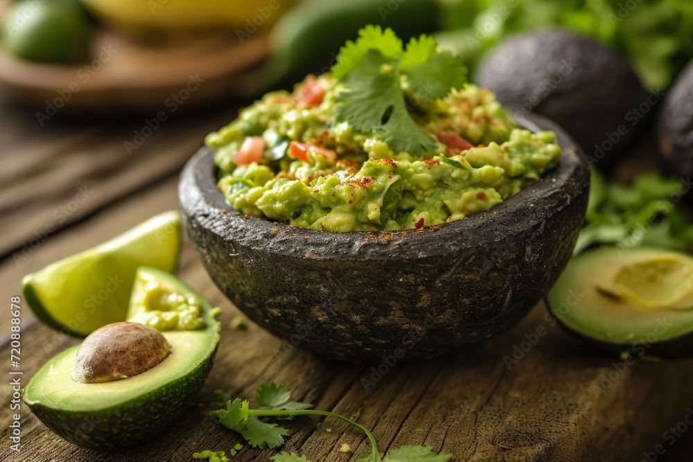 Guacamole in a bowl with avocado and cilantro on wooden background Guacamole in a bowl with avocado and cilantro on wooden background