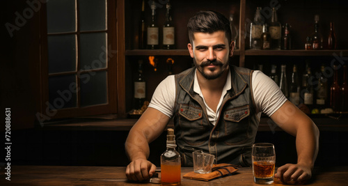 Portrait of a handsome young man with a beard and mustache in a bar