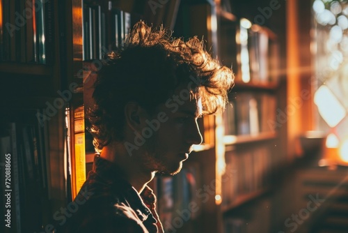Side view of handsome young man with curly hair standing near bookshelf.