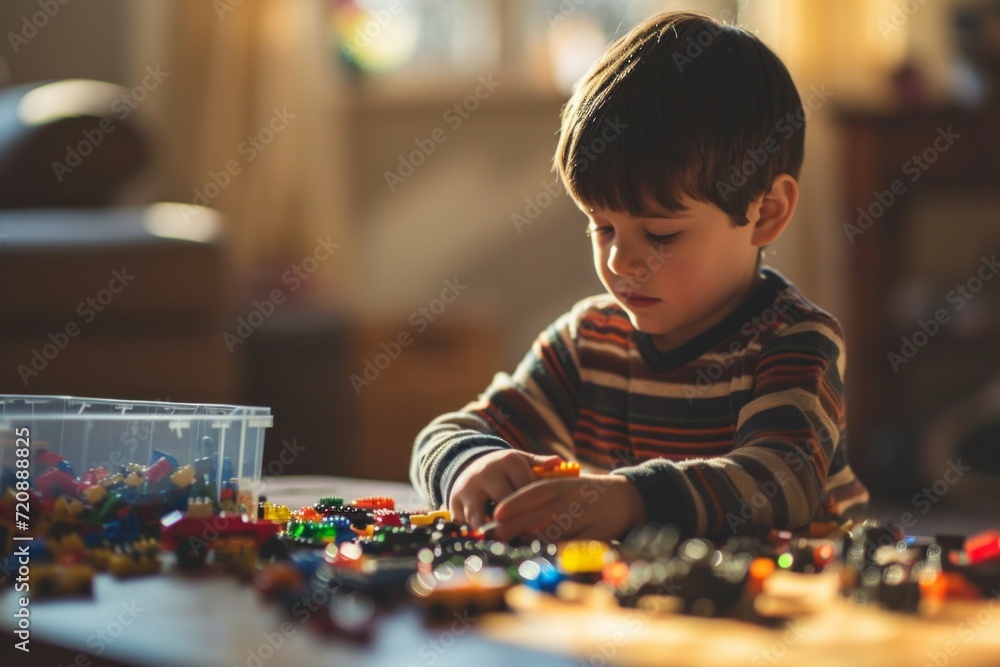 Cute little boy playing with building blocks at home. Early development concept.