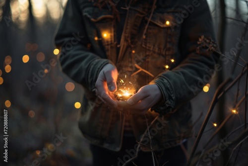 A boy holds a sparkler in his hands in the forest.