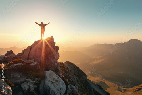 Man standing on top of the mountain and looking at the sunset.