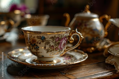 Vintage porcelain tea set on a wooden table. Selective focus.