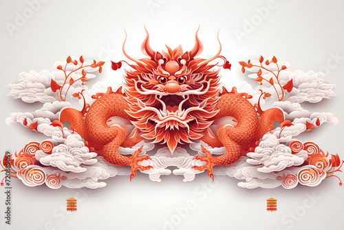 Chinese New Year 2024 Year of the Dragon. Red and gold line art characters.   Head of Chinese Zodiac Sign Paper cut red dragon. Spring Festival paper-cut style decorative illustration, traditional fes